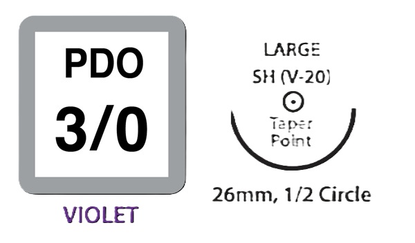 VET PDO Surgical Sutures, Size 3/0, 30″ Thread with 26mm 1/2 Circle Taper Point Needle. Violet. 12/Pkg