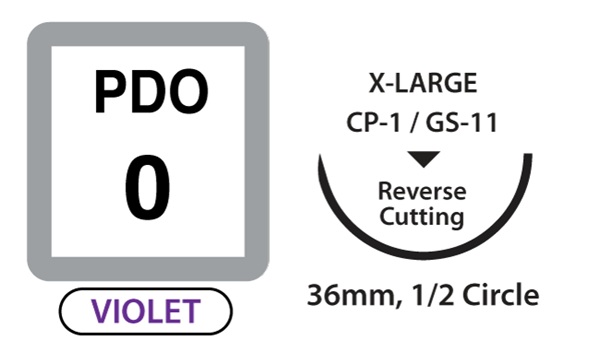 VET PDO Surgical Sutures, Size 0, 30″ Thread with 36mm 1/2 Circle R/C Needle. Violet. 12/Pkg